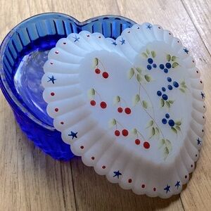Fenton red white blue heart box with painted heart lid, flowers stars signed